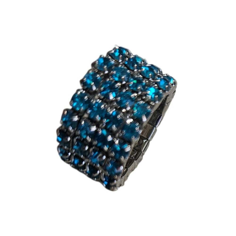 Blue Rhinestone Silver Tone Wide Stretch Statement Ring